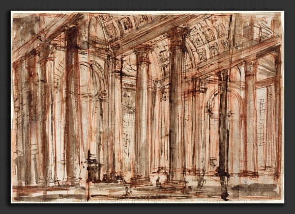 Giovanni Battista Piranesi (Italian, 1720 - 1778), The Portico of the Pantheon, 1750s and early 1760s, pen and dark brown ink with gray and gray-brown wash over red chalk, on three pieces of paper glued together vertically