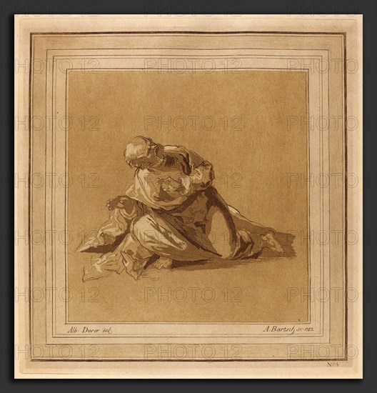 Adam von Bartsch, after a drawing formerly attributed to Albrecht DÃ¼rer (Austrian, 1757 - 1821), A Crouching Apostle (Saint Peter), 1785, etching and aquatint printed in brown ink on laid paper