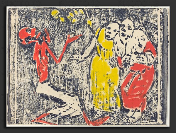 Christian Rohlfs, Death as Juggler, German, 1849 - 1938, 1918-1919, woodcut in blue-gray heightened with yellow and red watercolor