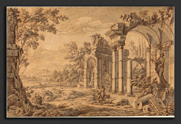 Johann Oswald Harms (German, 1643 - 1708), Landscape with a Draftsman among Ancient Ruins, 1670s, pen and brown ink with gray and brown wash over red chalk on laid paper