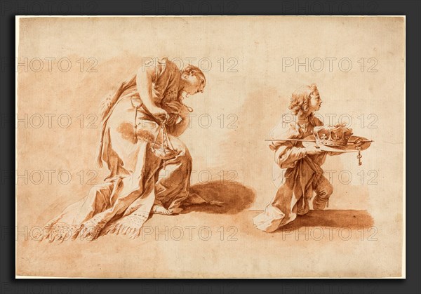 Anton Kern after Giovanni Battista Pittoni (Bohemian, 1709 - 1747), A Kneeling Woman with an Incense Burner and a Page Holding a Crown and Scepter, c. 1726, pen and brown ink with brown wash over black chalk