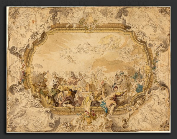 Anton Kern (Bohemian, 1709 - 1747), A Ceiling with Apollo Presiding over Military and Historical Learning, 1740s, watercolor, pen and gray ink over traces of black chalk on laid paper