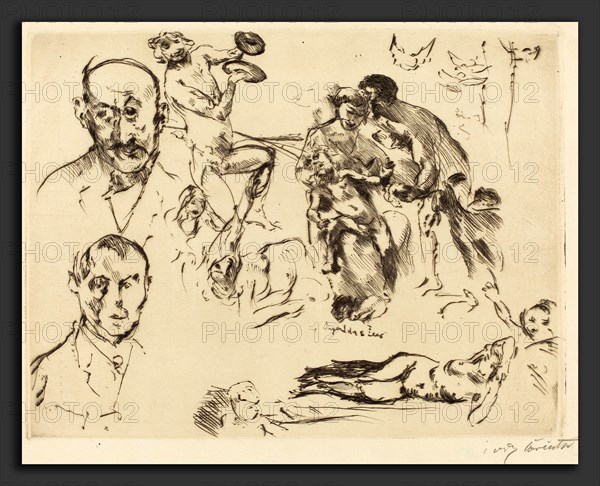 Lovis Corinth, Plate of Sketches, including one of Max Liebermann, German, 1858 - 1925, c. 1915, etching