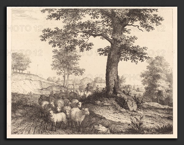 Florian Grospietsch (German, 1789 - 1830), Shepherd and Flock under an Ancient Tree, 1819, etching on buff chine collé