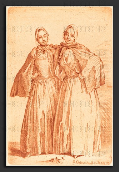 Daniel Nikolaus Chodowiecki (German, 1726 - 1801), Two Standing Ladies (Demoiselles Quantin), 1758, etching and drypoint in red on laid paper