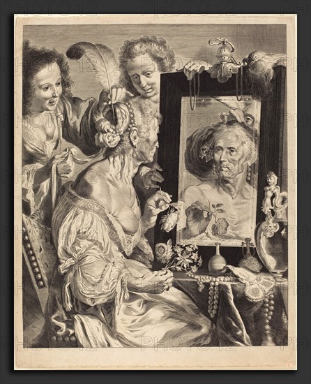 Jeremias Falck after Johann Liss after Bernardo Strozzi (German, c. 1619 - 1677), An Old Woman at the Toilet Table, etching and engraving