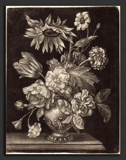 Elias Christoph Heiss (German, 1660 - 1731), Floral Still Life with a Sunflower, c. 1690, mezzotint on laid paper
