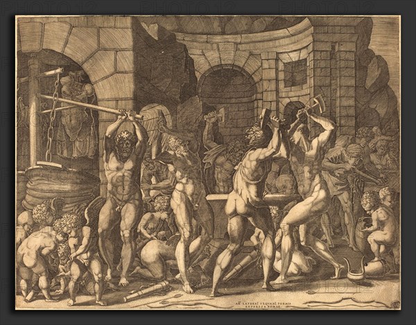 Master FG after Francesco Primaticcio (German, active 1534-1537), Vulcan and the Cyclopes Forging Arrows, engraving