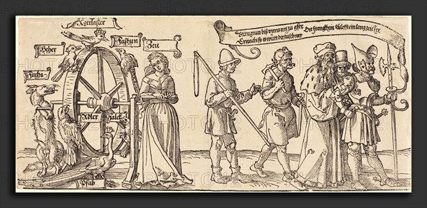 Albrecht DÃ¼rer (German, 1471 - 1528), Time and a Fox Turning the Wheel of Fortune with People of all Ranks to the Right, probably 1526, woodcut