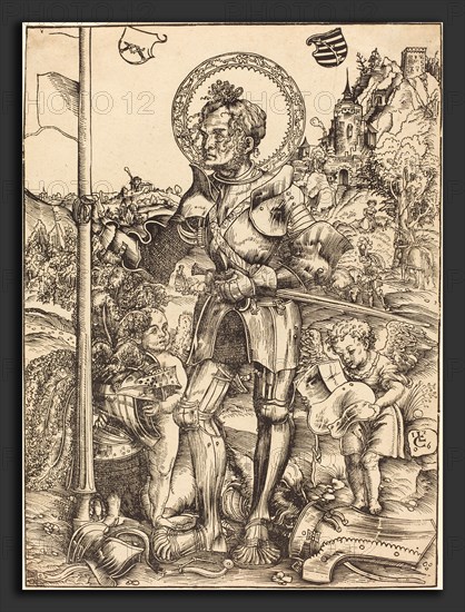 Lucas Cranach the Elder (German, 1472 - 1553), Saint George Standing, with Two Angels, 1506, woodcut