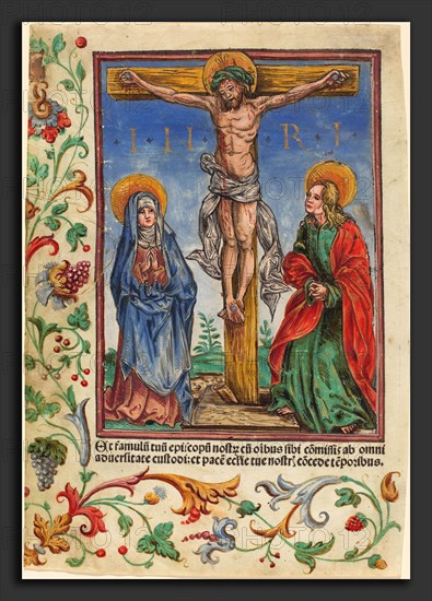 Attributed to Hans Burgkmair I (German, 1473 - 1531), Christ on the Cross, early 16th century, woodcut, handcolored in red, blue, green, brown, orange-red, and gold, on vellum