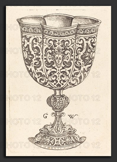 Georg Wechter I (German, c. 1526 - 1586), Chalice with six embossings, base decorated with two dolphins, published 1579, engraving
