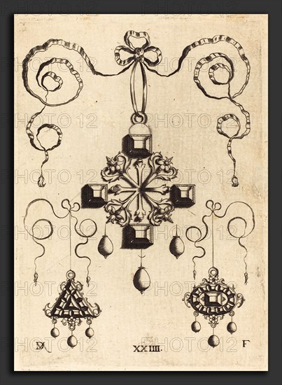 Daniel Mignot (German, active 1593-1596), Pendant with Double Cross at Centre, Surrounded by Four Large Table-Stones, engraving