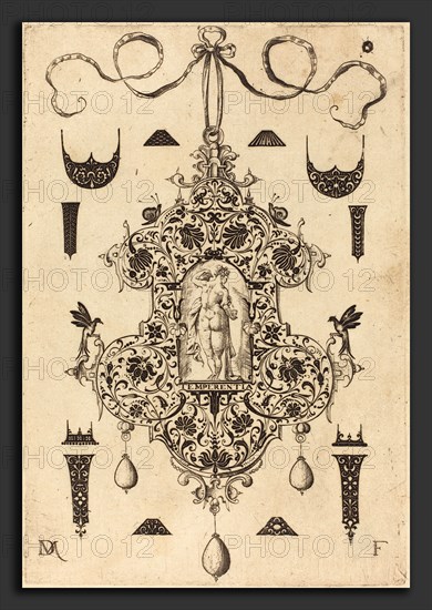 Daniel Mignot (German, active 1593-1596), Large Pendant, Temperance Standing at Centre, 1593, engraving