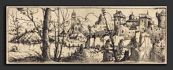 Augustin Hirschvogel (German, 1503 - 1553), Landscape with Castle at Right, Surrounded by Rocks, 1546, etching