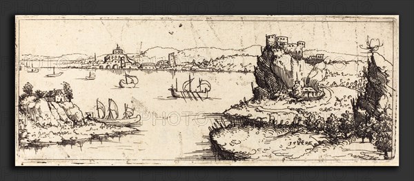 Augustin Hirschvogel (German, 1503 - 1553), Landscape with Sail Boats [bottom plate], 1546, etching [one of 2 prints on piece of uncut paper]