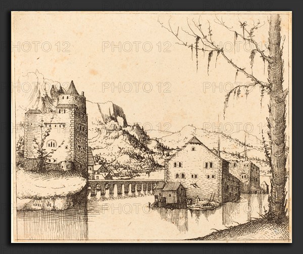 Augustin Hirschvogel (German, 1503 - 1553), River Landscape with Island Houses, 1545, etching on laid paper [counterproof]