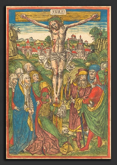 Attributed to Michael Wolgemut (German, 1434 - 1519), The Crucifixion with Saint Mary Magdalene, c. 1490, hand-colored woodcut