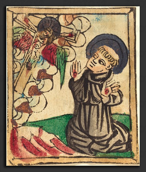 German 15th Century, Saint Francis of Assisi, 1450-1470, woodcut, hand-colored in red lake, green, vermilion, blue, gray, and gold