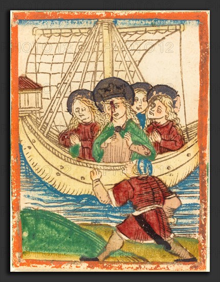 German 15th Century, The Voyage of Saint Ursula, 1480-1490, woodcut in brown, hand-colored in red lake, green, blue, yellow, tan, gold, and orange
