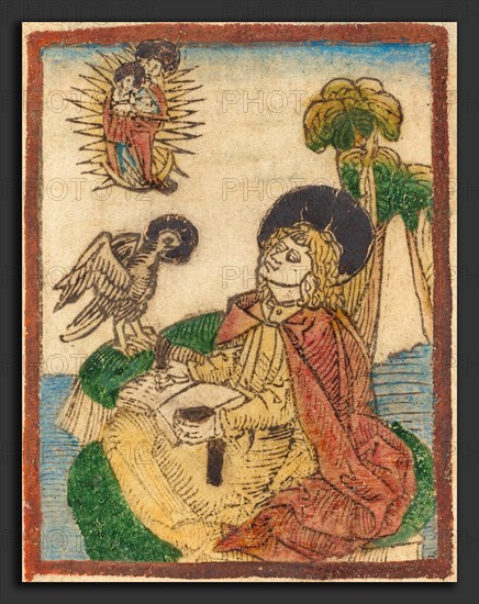 German 15th Century, Saint John on the Island of Patmos, 1480-1490, woodcut in brown, hand-colored in red lake, yellow, blue, green, tan, gold, and red-orange