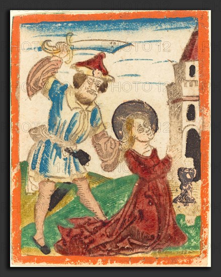 German 15th Century, The Martyrdom of Saint Barbara, c. 1480-1490, woodcut in lt. brown, hand-colored in red lake, green, blue, yellow, rose, gold, and orange