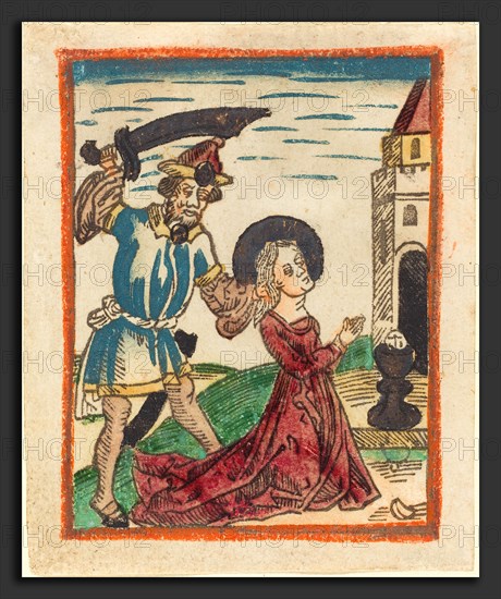 German 15th Century, Martyrdom of Saint Barbara, 1480-1490, woodcut in brown, hand-colored in red lake, green, blue, yellow, gold, and orange