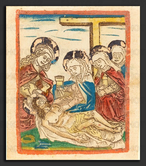 German 15th Century, The Lamentation, c. 1480-1490, woodcut in dark brown, hand-colored in red-lake, blue, green, yellow, tan, gold, and orange