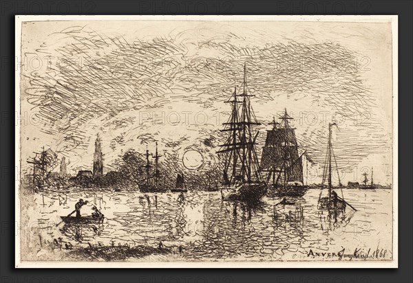 Johan Barthold Jongkind (Dutch, 1819 - 1891), Soleil couchant, port d'Anvers (Sunset, Port of Antwerp), 1868, etching on wove paper