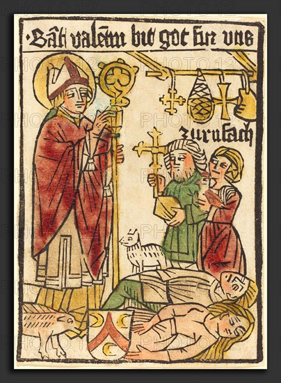 German 15th Century, Saint Valentine, 1470-1480, woodcut, hand-colored in red lake, green, yellow, rose, and tan