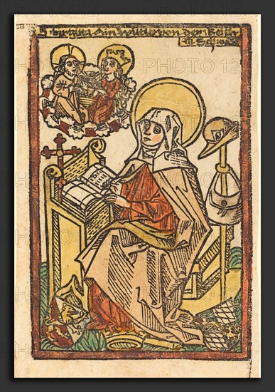 German 15th Century, Saint Bridget, c. 1480-1500, woodcut, hand-colored in orange, yellow, gray, green, and orange-brown