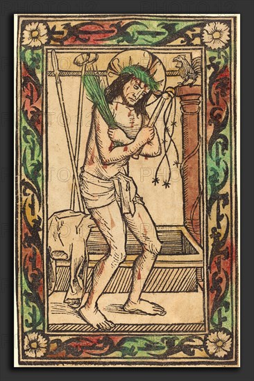 German 15th Century, Christ as the Man of Sorrows, 1480-1500, woodcut, hand-colored in red lake, green, and yellow