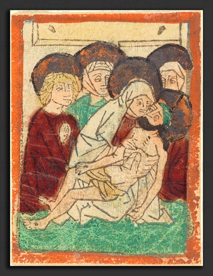 German 15th Century, The Lamentation, 1470-1480, woodcut, hand-colored in green, red, pink, yellow, and gold