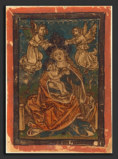 German 15th Century, Madonna and Child Seated on a Grassy Bank with Angels, 1480-1490, woodcut in dark brown, hand-colored in light red lake, dark blue, green, brown, gold, and orange