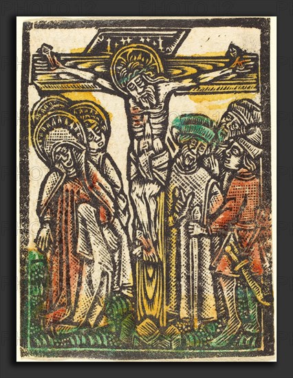 Workshop of Master of the Aachen Madonna, The Crucifixion, 1460-1480, metalcut, hand-colored in green, red lake, and yellow