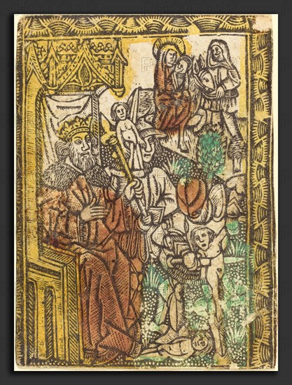 German 15th Century, The Adoration of the Magi, c. 1470-1480, metalcut, hand-colored in yellow, red-brown lake, and green