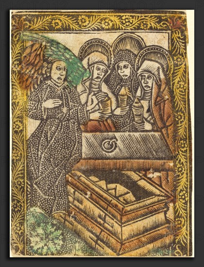 Workshop of Master of the Borders with the Four Fathers of the Church, The Three Maries at the Tomb, 1460-1480, metalcut, hand-colored in yellow, red-brown lake, and green