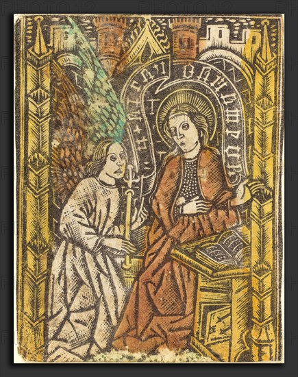 Workshop of Master of the Borders with the Four Fathers of the Church, The Annunciation, 1460-1480, metalcut, hand-colored in yellow, red-brown lake, and green