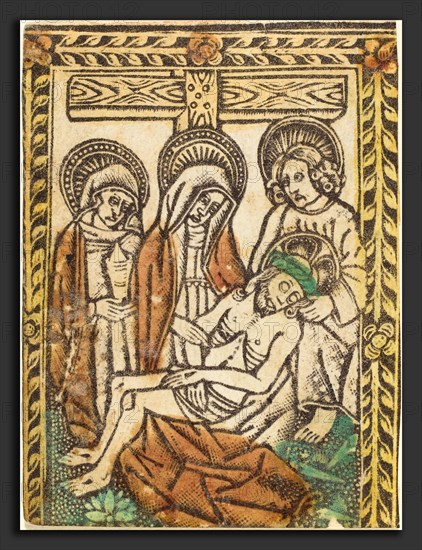Workshop of Master of the Borders with the Four Fathers of the Church, The Lamentation, 1460-1480, metalcut, hand-colored in yellow, red-brown lake, and green