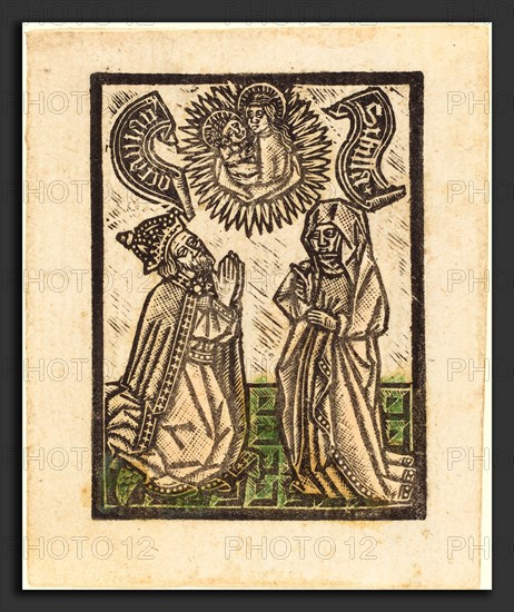Workshop of Master of the Aachen Madonna, Emperor Octavian and the Sibyl, c. 1480, metalcut, hand-colored in green, light rose, and yellow