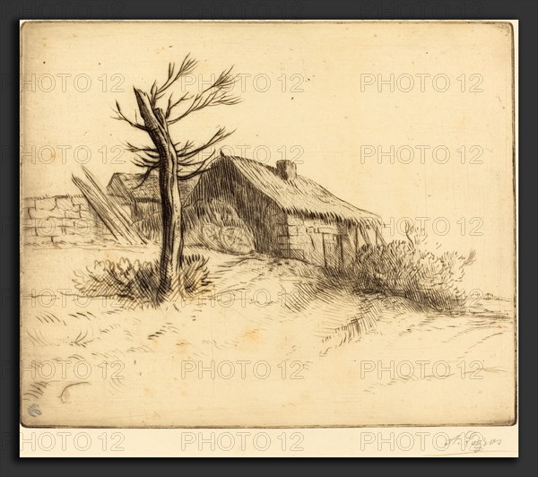 Alphonse Legros, Thatched Cottage (Chaumiere), French, 1837 - 1911, etching and drypoint retouched with ink