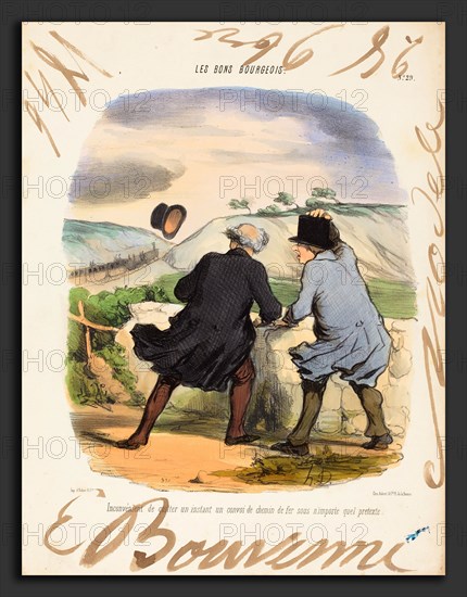 Honoré Daumier and Edouard Bouvenne (French, 19th century), Inconvenient de quitter, 1846, hand-colored lithograph on wove paper