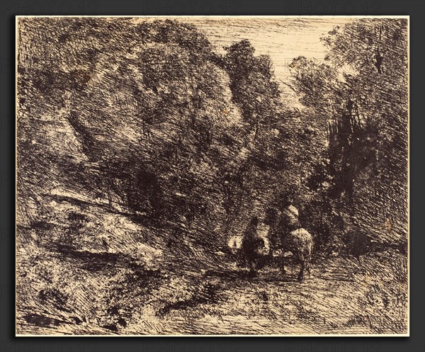 Jean-Baptiste-Camille Corot (French, 1796 - 1875), Horseman and Vagabond in the Forest (Le Cavalier en forÃªt et le piéton), 1854, cliche-verre
