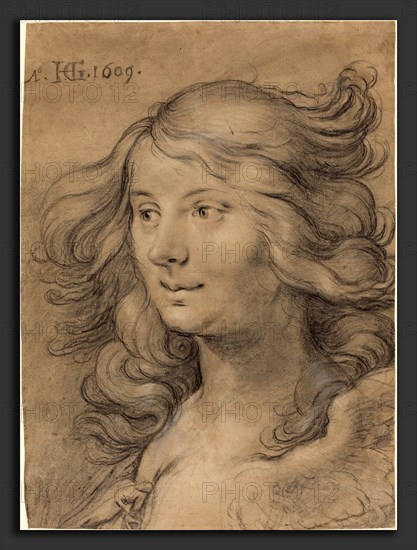 Hendrik Goltzius (Dutch, 1558 - 1617), Head of a Siren, 1609, black chalk with white heightening on brown laid paper