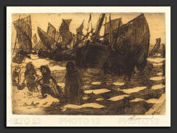 Albert Besnard (French, 1849 - 1934), Small Fishing Boats of Berck (Petites PÃªcheuses de Berck), 1897, etching and aquatint in black and brown on wove paper