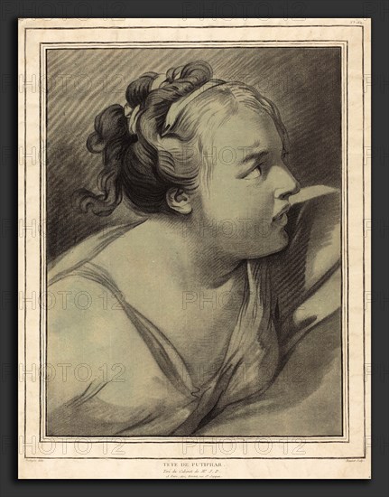 Louis-Marin Bonnet after Jean-Baptiste Deshays (French, 1736 - 1793), TÃªte de Putiphar (Potiphar's Wife), 1770-1780, crayon-manner engraving in black on blue laid paper; laid down to engraved sheet