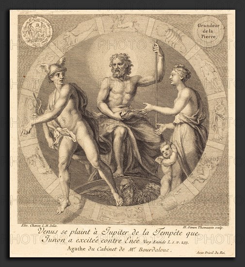 Henri Simon Thomassin after Elisabeth Sophie Cheron (French, 1687 - 1741), Venus se plaint a Jupiter de la tempete que Junon a excitee contre Enee, engraving