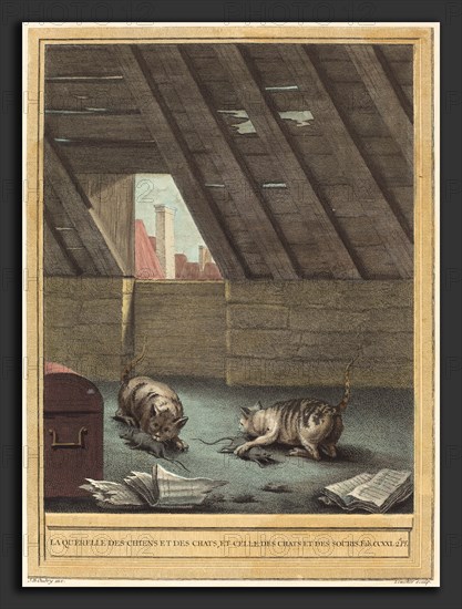 Johann Christoph Teucher after Jean-Baptiste Oudry (German, c. 1715 - 1763 or after), La querelle des chiens et des chats et celle des chats et des souris (The Quarrel of Cats and Dogs, and that of Cats and Mice), published 1759, hand-colored etching