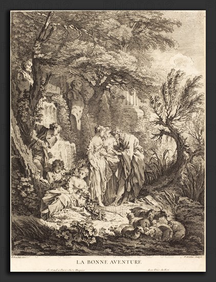 Pierre-Alexandre Aveline after FranÃ§ois Boucher (French, probably 1702 - 1760), La Bonne Aventure, 1738, engraving with etching on laid paper