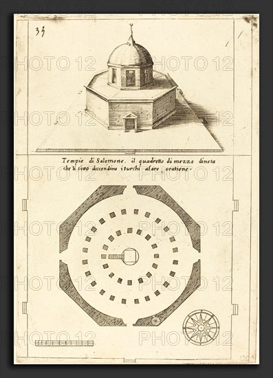 Jacques Callot (French, 1592 - 1635), Plan and Rendering of the Temple of Solomon, 1619, etching and engraving on laid paper [restrike]